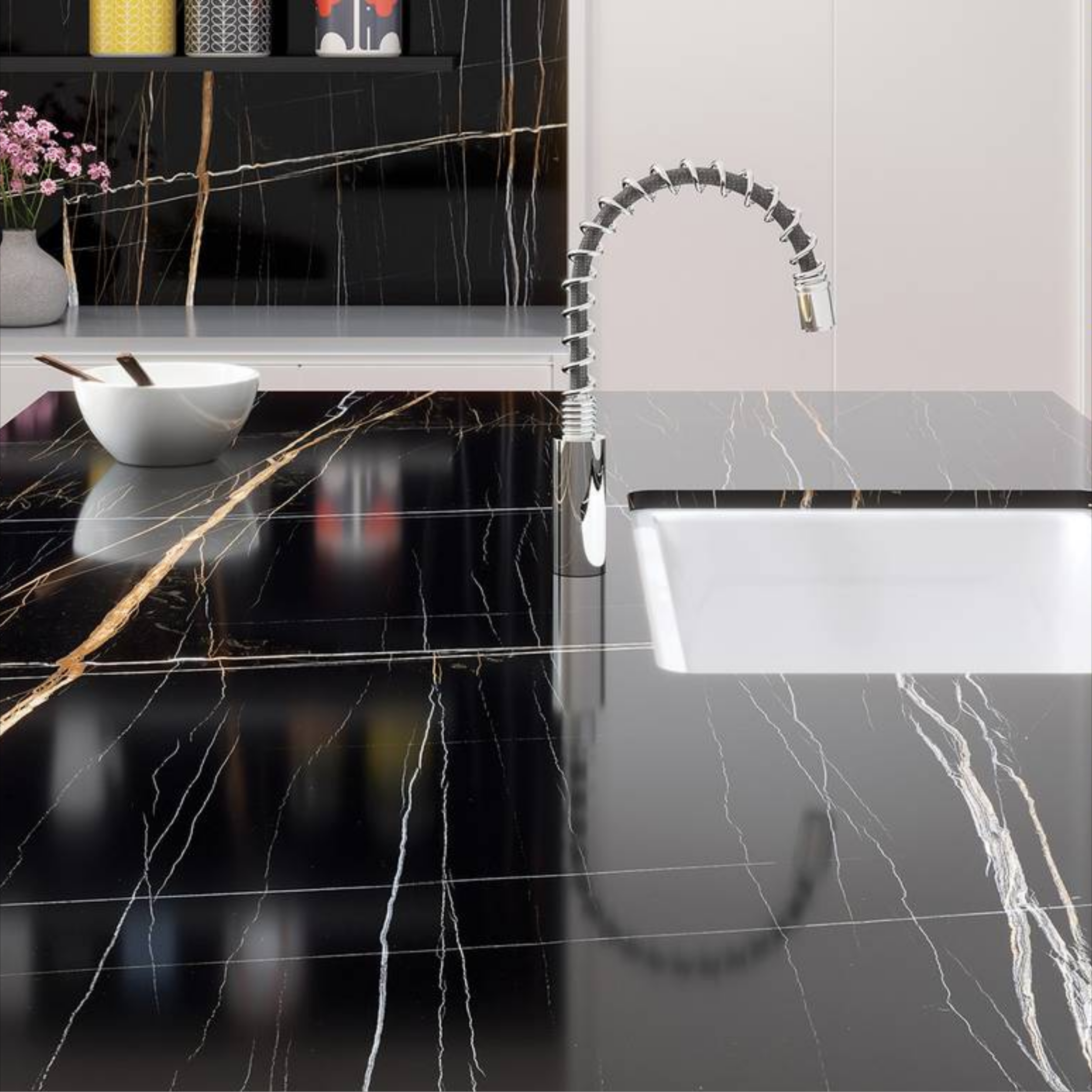 Black Beauty 120x240cm high glossy tile with rich black tones and elegant veining. Perfect for luxury interiors, feature walls, and modern spaces.