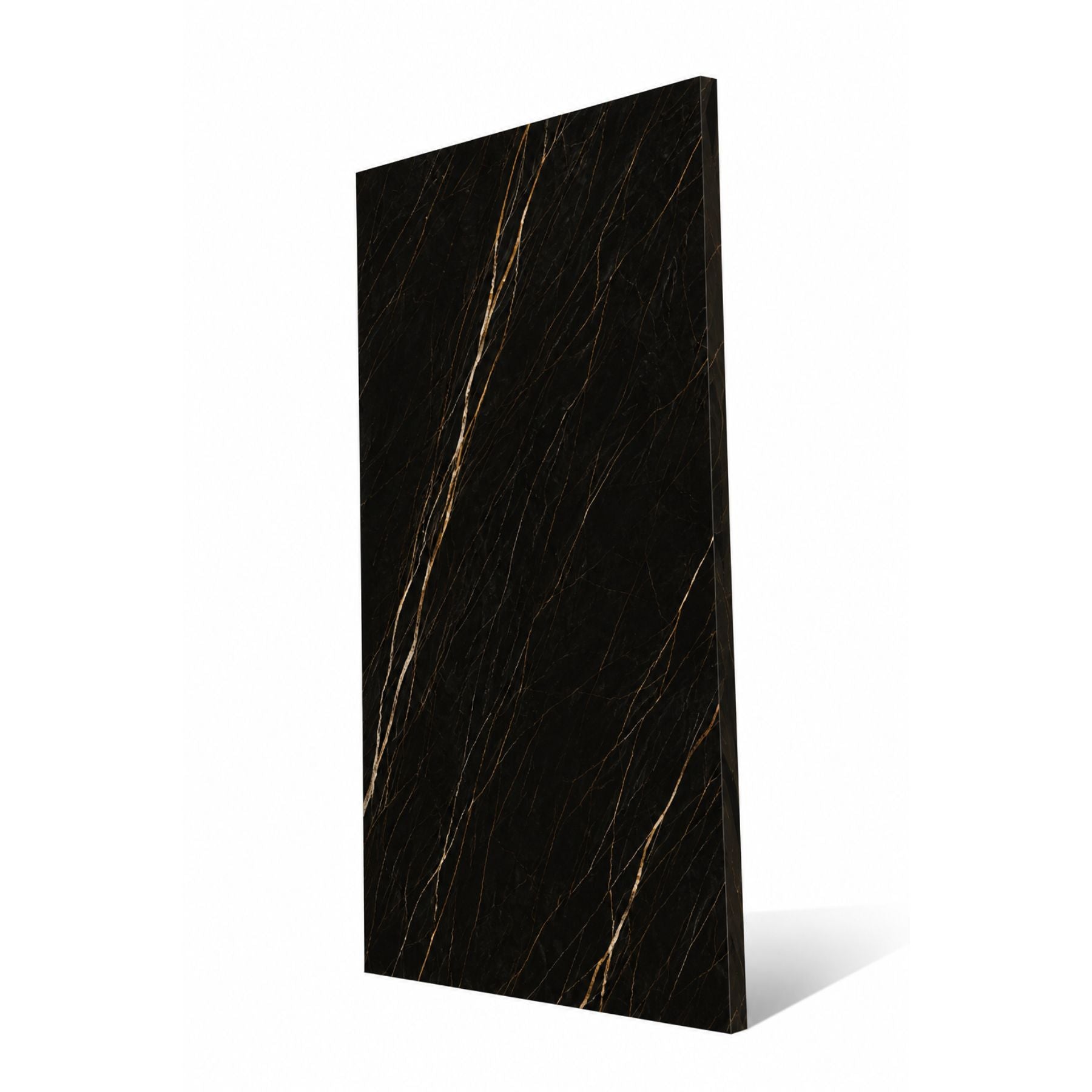Black Gold matt porcelain slab 120x280cm, 6mm thick, featuring a bold black and gold stone look for premium floors, walls and contemporary interiors.