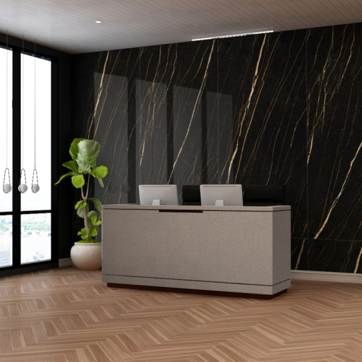 Black Gold matt porcelain slab 120x280cm, 6mm thick, featuring a bold black and gold stone look for premium floors, walls and contemporary interiors.