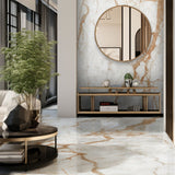 Breccia Arancia polished porcelain tile in 120x280cm with 6mm thickness. Extra-large floor and wall tile for premium residential and commercial interiors.