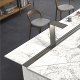 Calacatta White glossy porcelain tile with elegant grey and gold marble-look veining