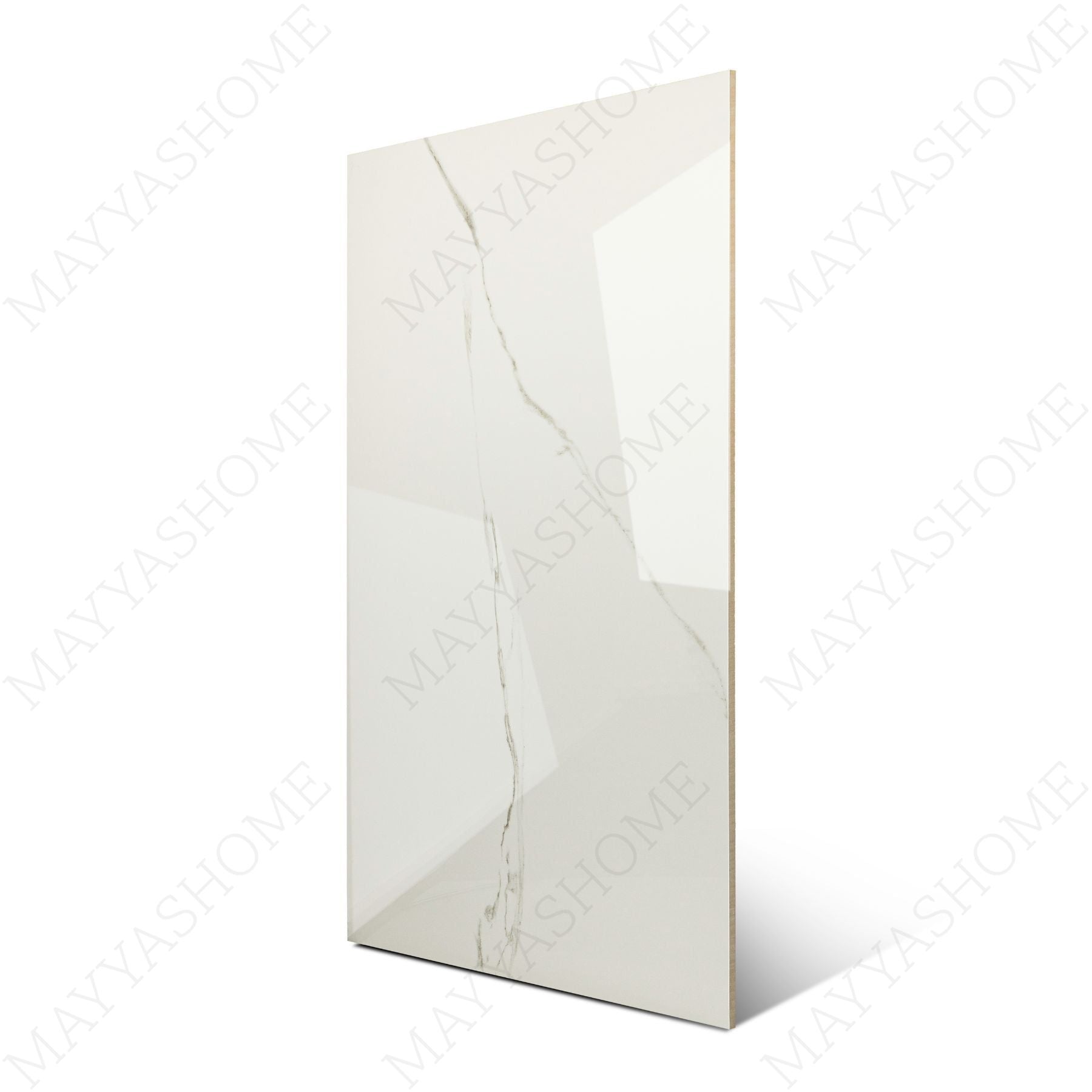 Calacatta Bianco glossy marble effect porcelain tile 60x120cm with 9mm thickness features bold veining and a refined polished finish for luxury spaces.