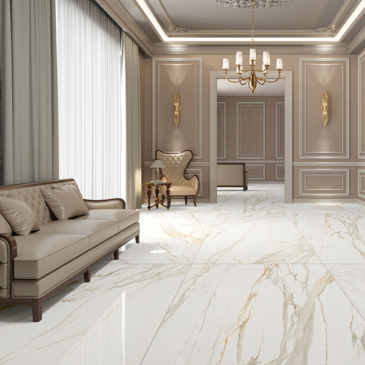Calacatta Jewel Crystal Polish Colorbody porcelain slab 120x280cm, 9mm thick, with Random 03 Calacatta marble look for premium floors, walls and interiors.