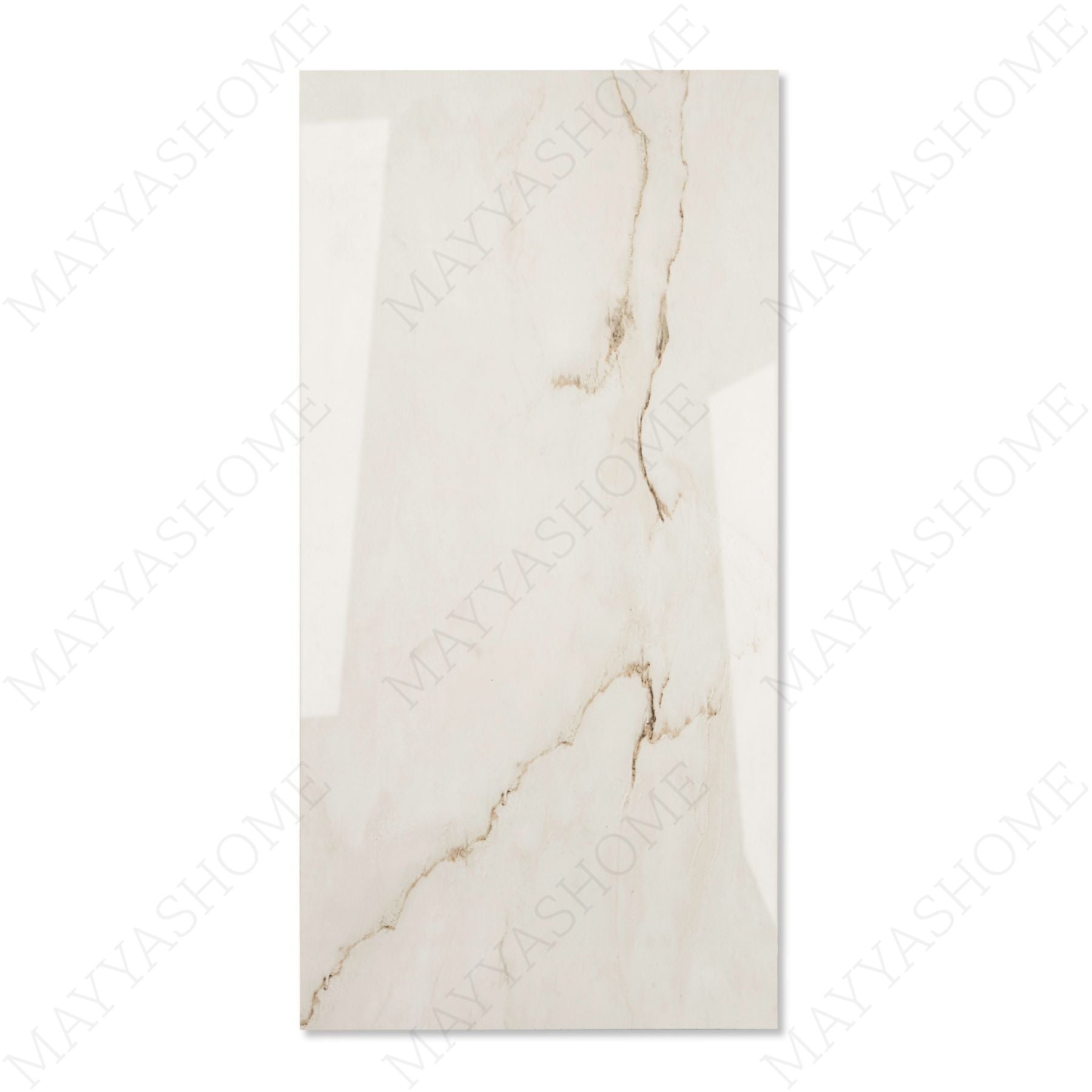 Calcutta Bianco Oro glossy marble porcelain tile 60x120cm with 9mm thickness features white base, gold and grey veining with polished finish.