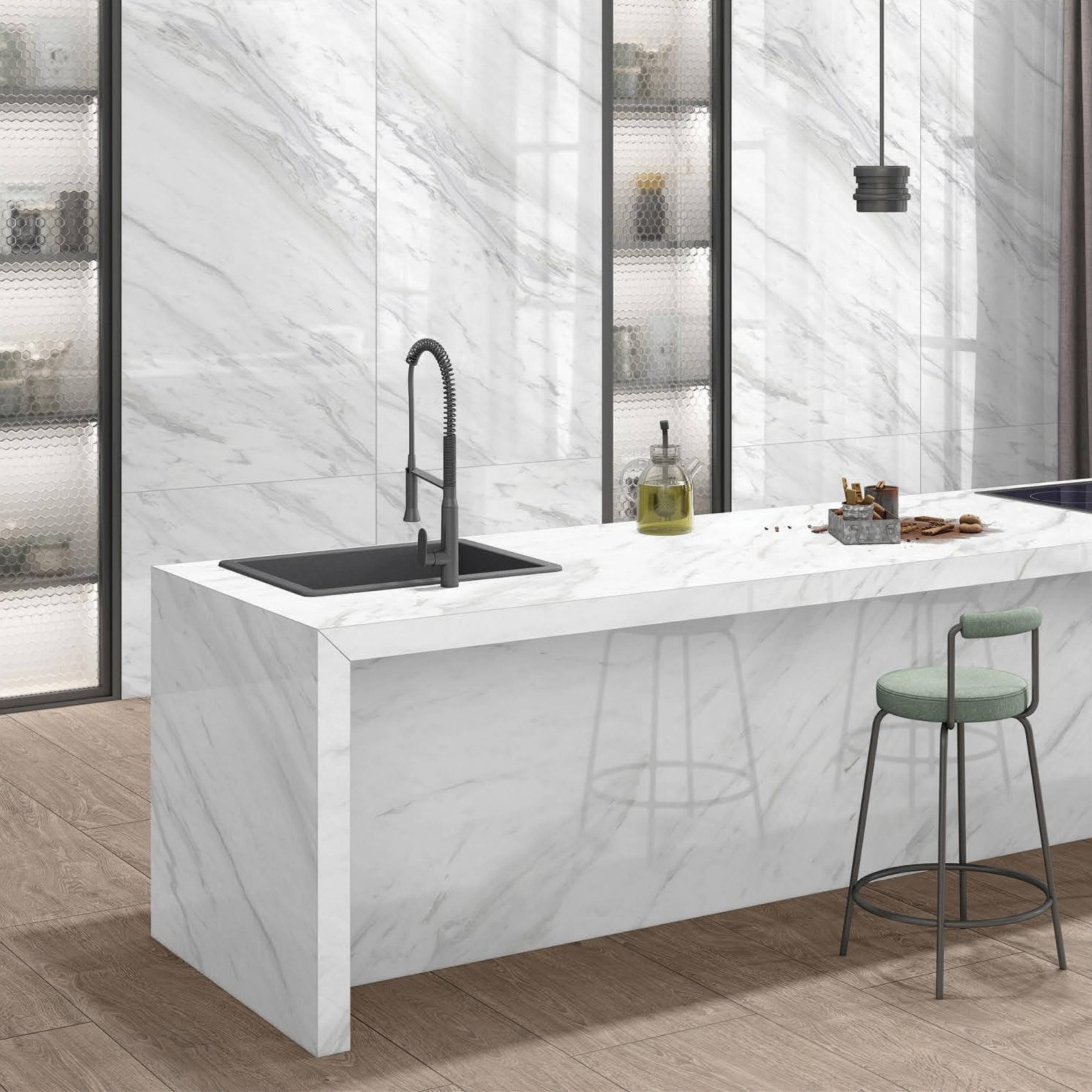 Carrara White marble-look porcelain tile with elegant grey veining for luxury interior projects in the UAE