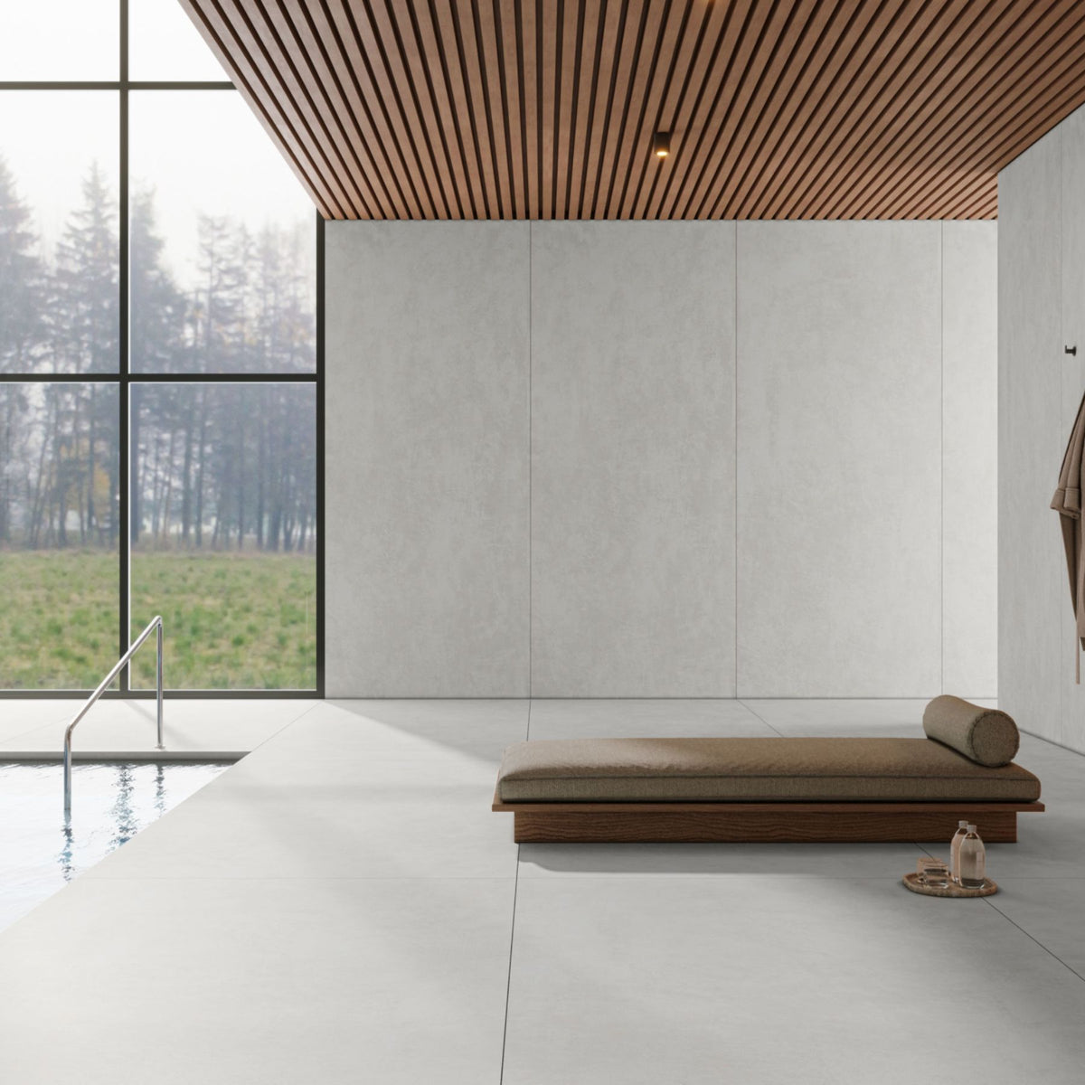 Cemento Bianco Pixel Colorbody porcelain slab 120x280cm, 9mm thick, with a modern concrete look for minimalist floors, walls and contemporary interiors.