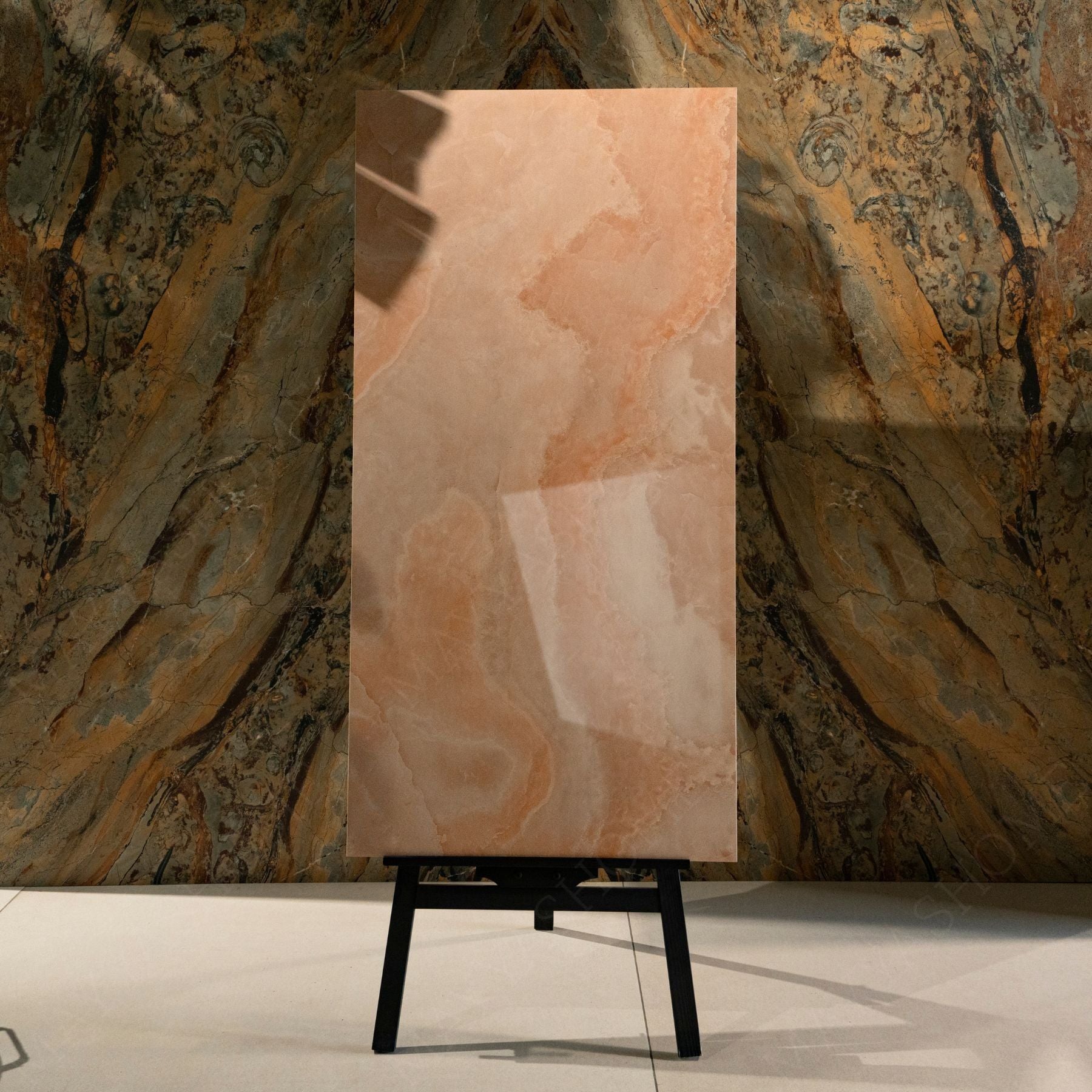 Coral Onyx glossy onyx effect porcelain tile 60x120cm with 9mm thickness features warm coral tones and polished luxury finish.