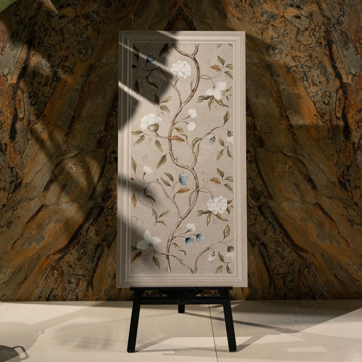 Crema Frame Blossom matt stone effect porcelain tile 60x120cm with 9mm thickness features soft beige tones and elegant floral detailing.