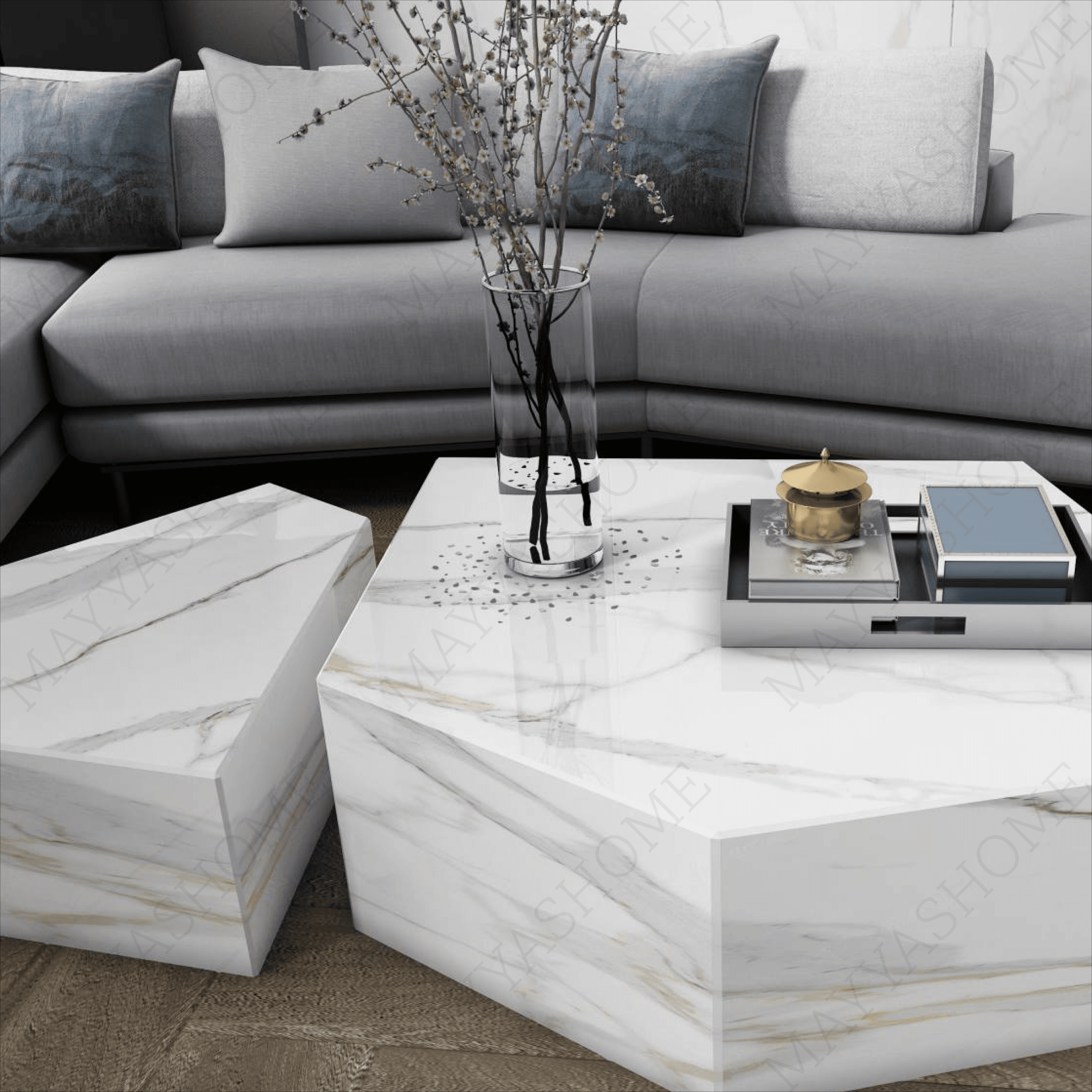 Elevate interiors with luxurious marble look tiles featuring a radiant polished finish. Ideal for modern spaces with large format tiles.
