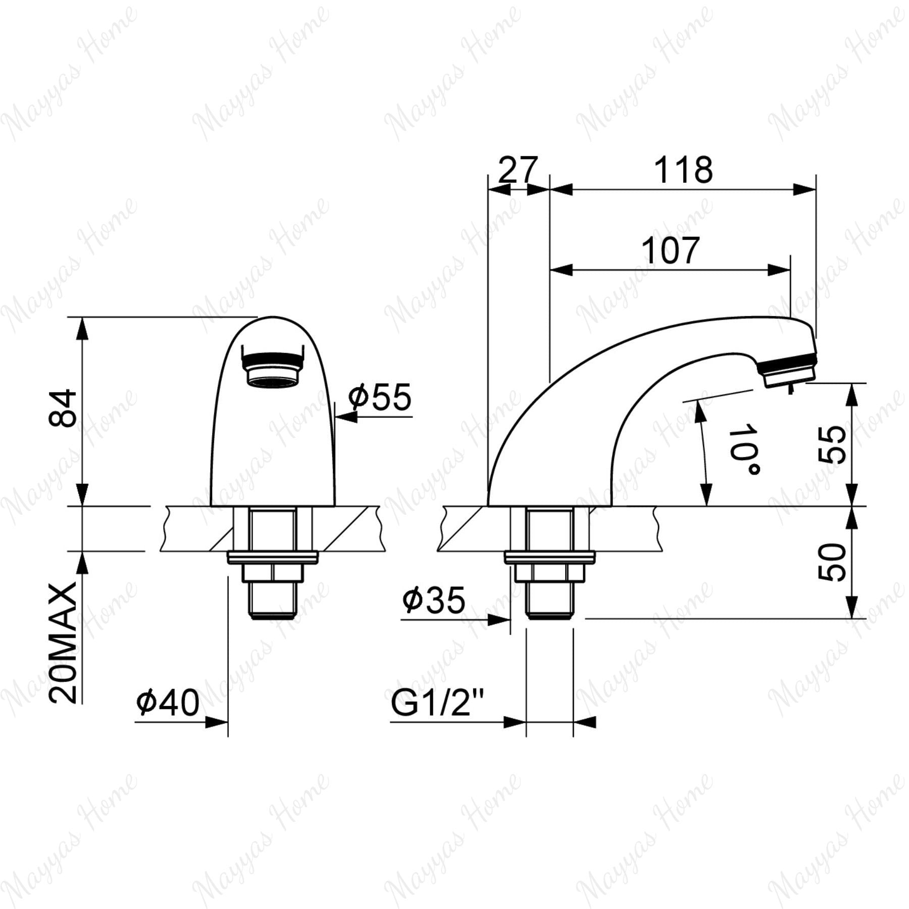 Fixed washbasin spout for above-counter installation with G1/2 male connection and flow limiter options. Ideal for hotels, offices and commercial bathrooms in UAE.