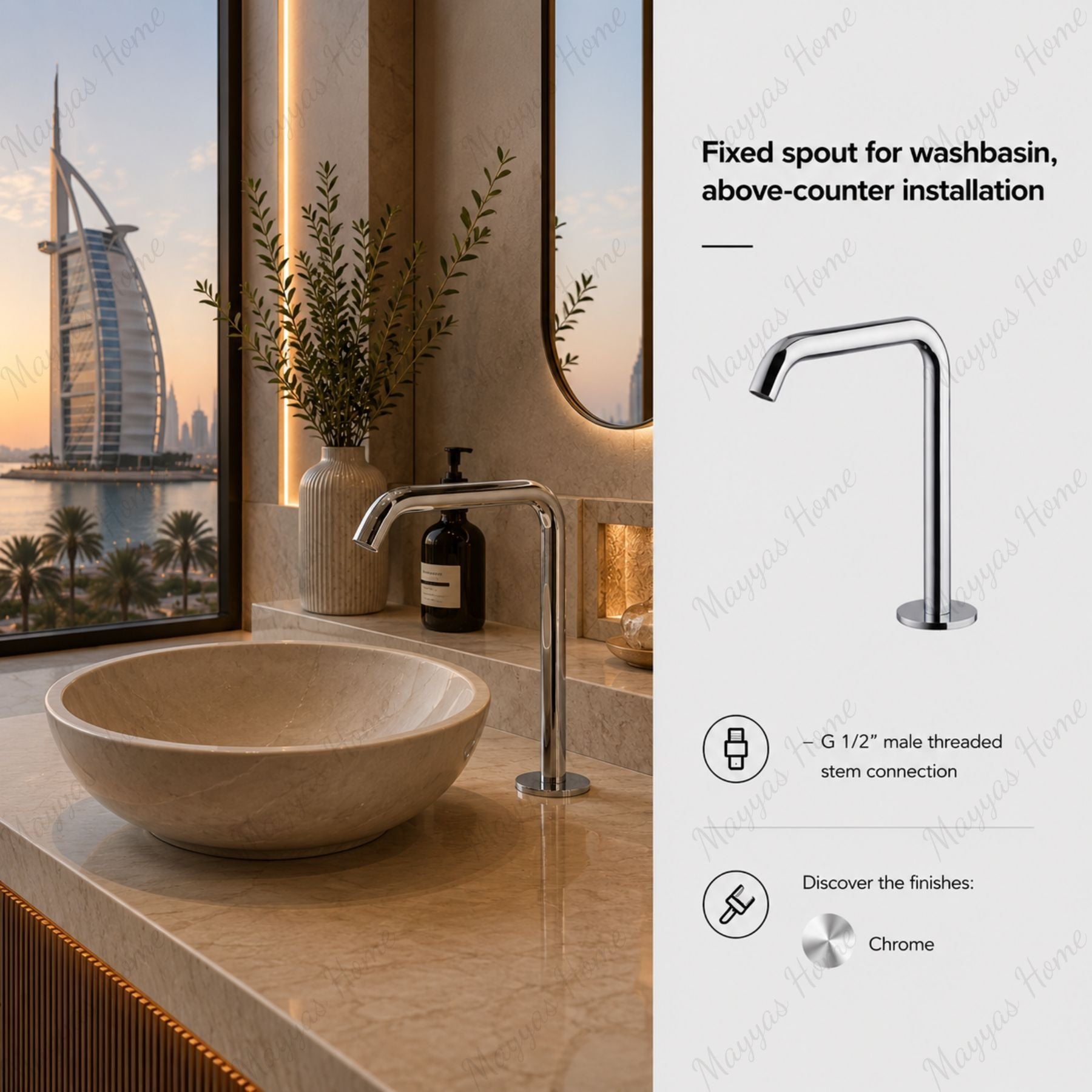 Fixed washbasin spout for above-counter installation with G1/2 male threaded connection. Perfect for hotels, offices, hospitals and commercial bathrooms in UAE.