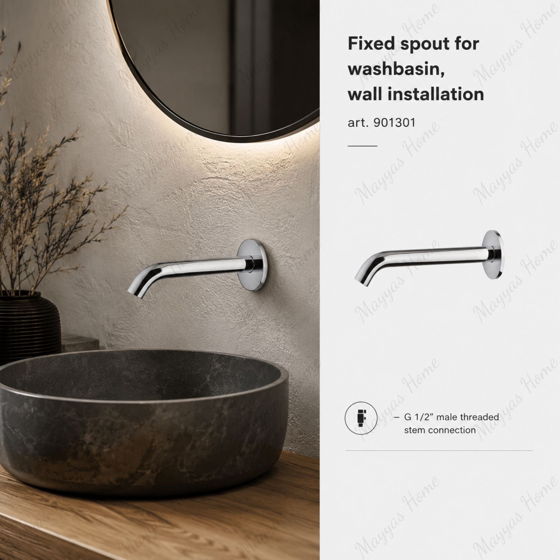 Fixed washbasin spout for wall installation with G1/2 male threaded connection. Premium chrome spout for hotels, hospitals, offices and residential bathrooms in UAE.