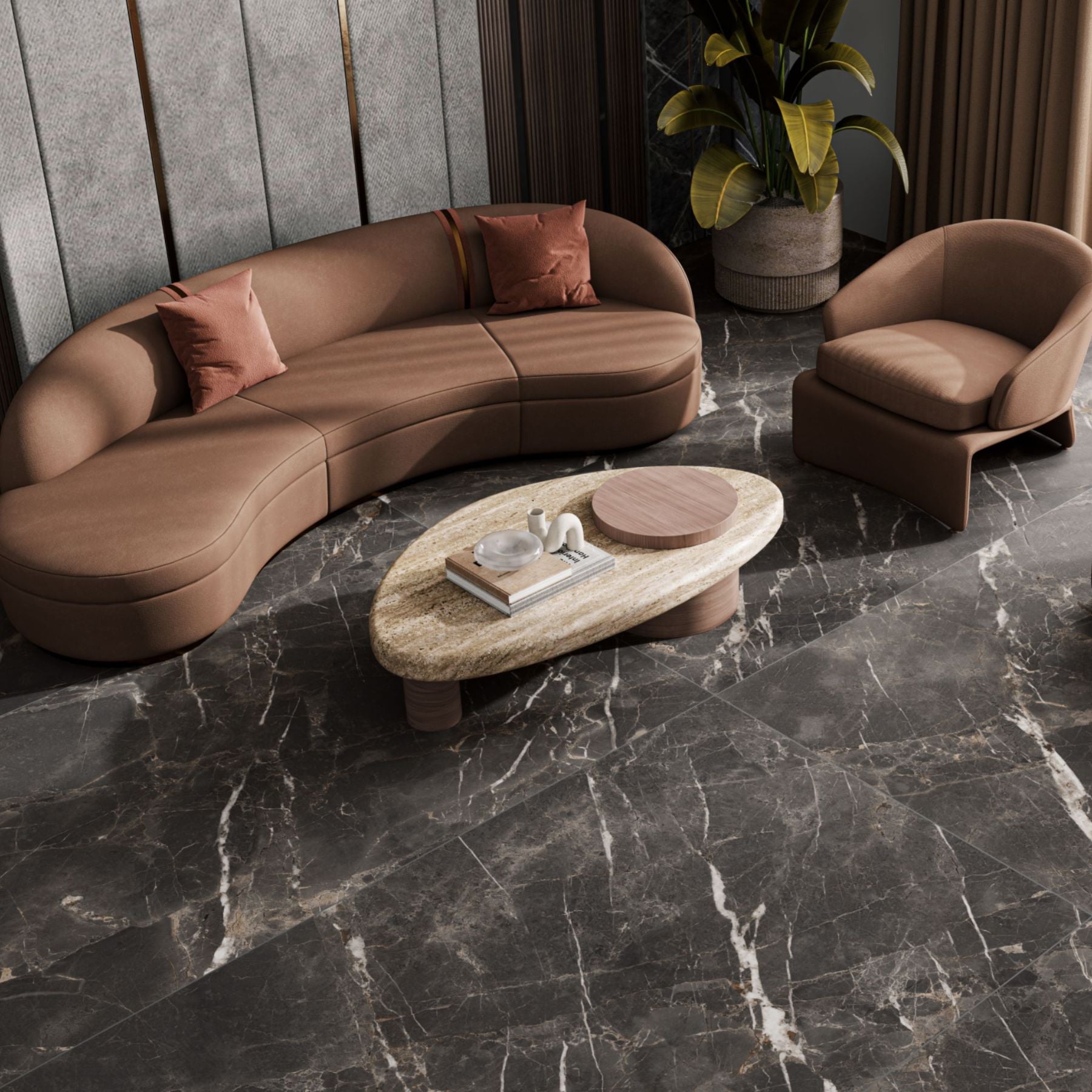 Flurry Black Shape+ Colorbody porcelain slab 120x280cm, 9mm thick, with bold veining and black marble character for floors, walls and modern interiors.