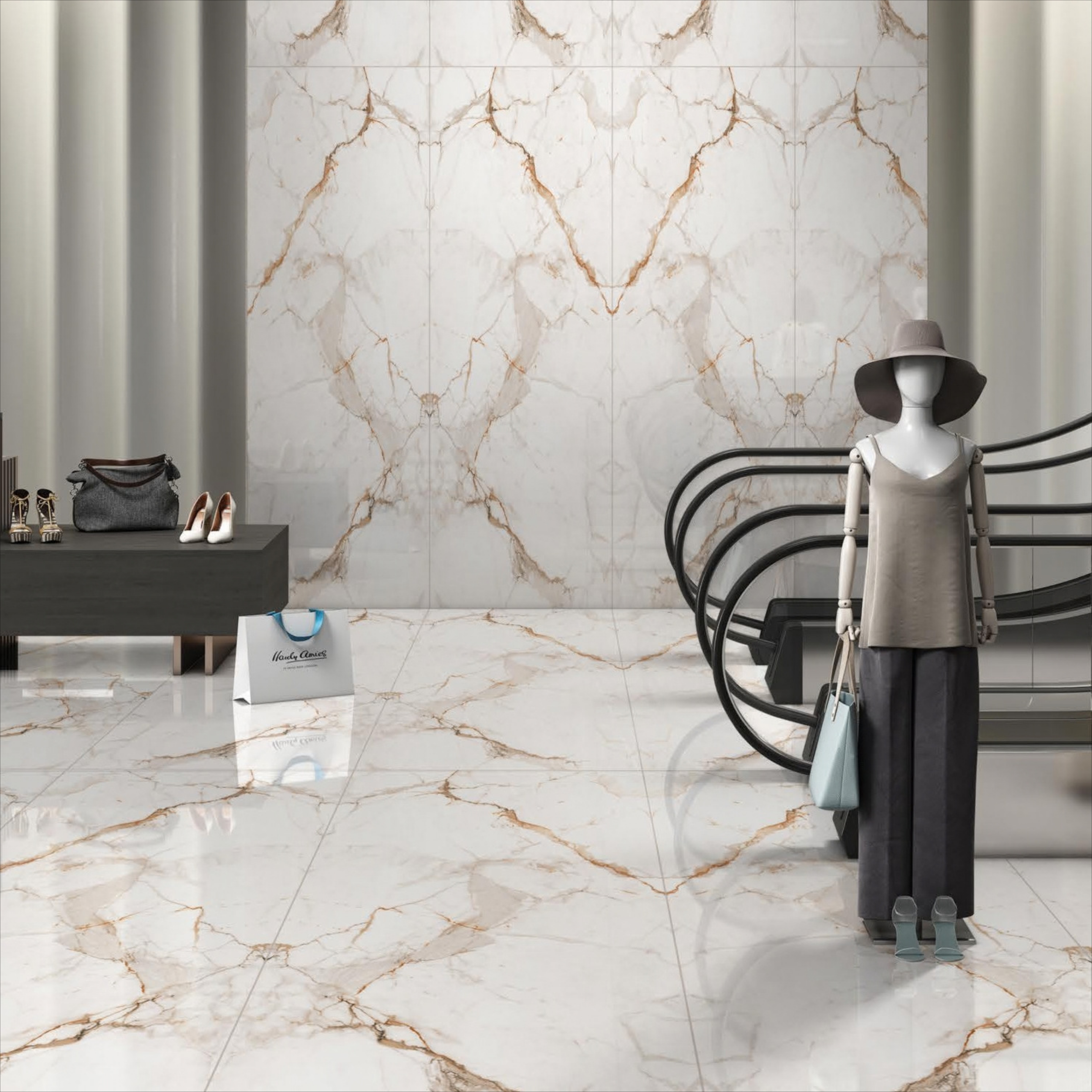 Golden Posa white marble-look porcelain tile with elegant golden veining for luxury UAE interiors