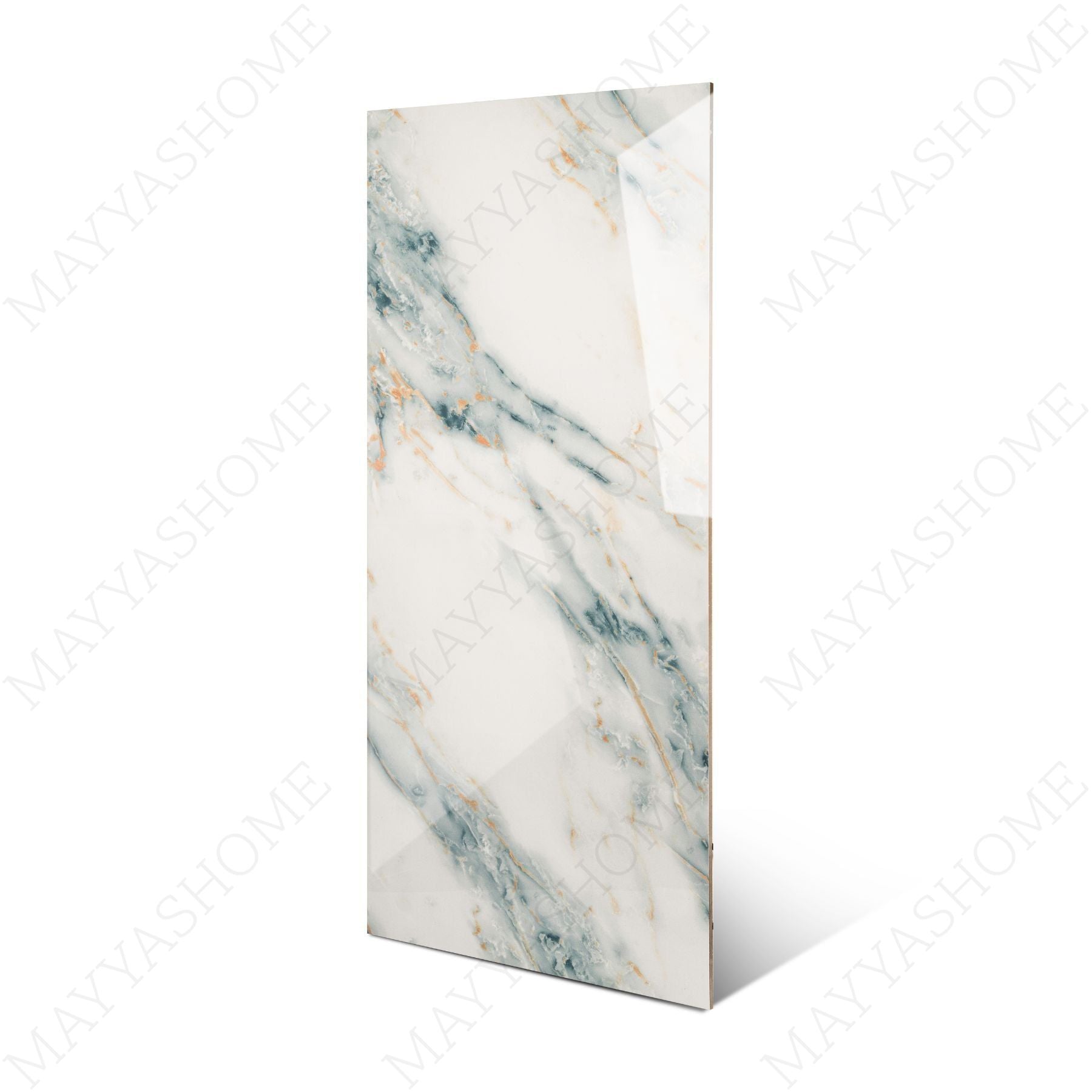 Grazzu Azul glossy marble effect porcelain tile 60x120cm with 9mm thickness features rich blue tones and polished luxury finish.