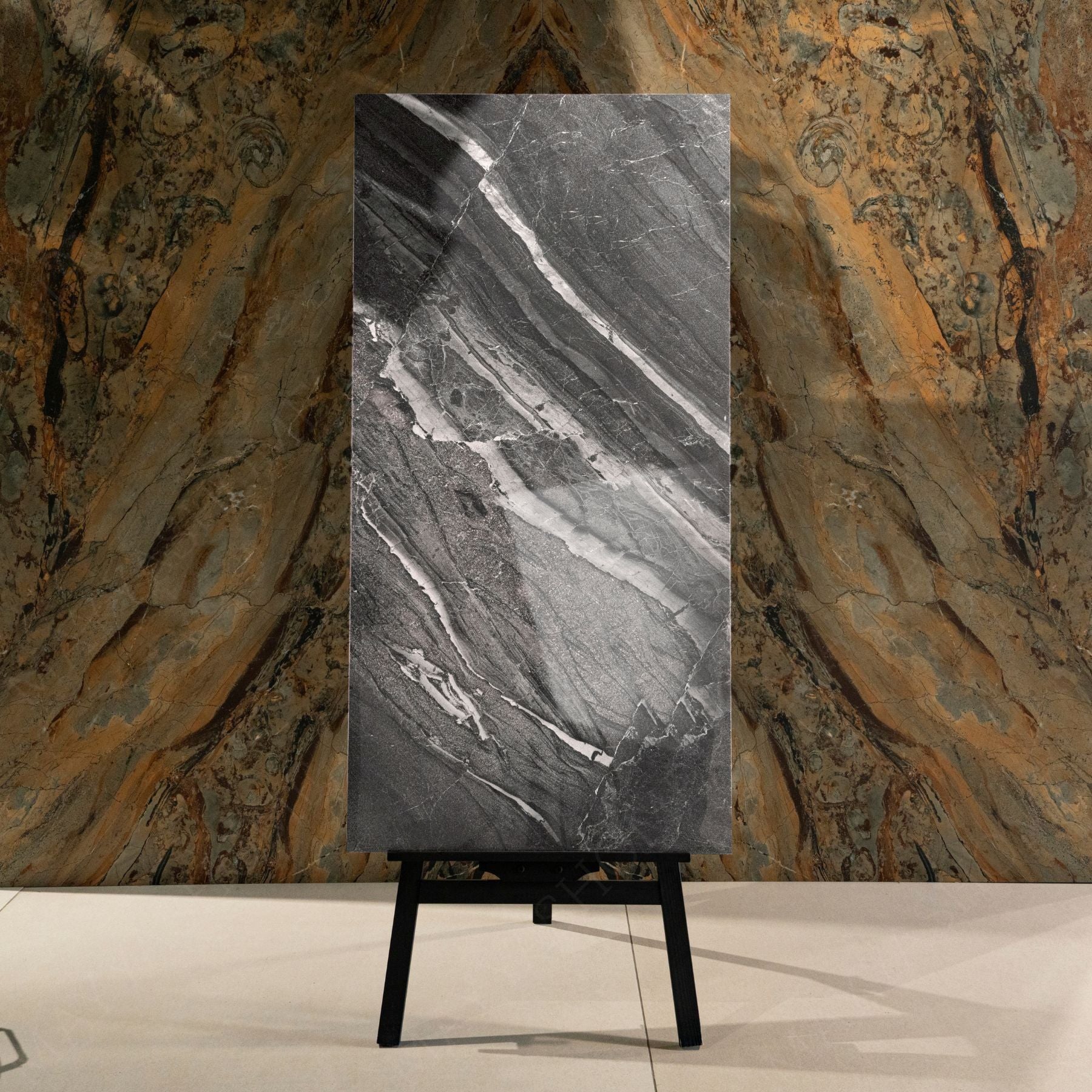 Grigio Imperiale glossy marble effect porcelain tile 60x120cm with 9mm thickness features elegant grey veining and a polished luxury finish.