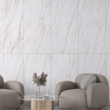 Hore Statuario 120x240cm matt porcelain tile with 09mm thickness. White marble look with soft grey veins, elegant matt finish for walls and floors.