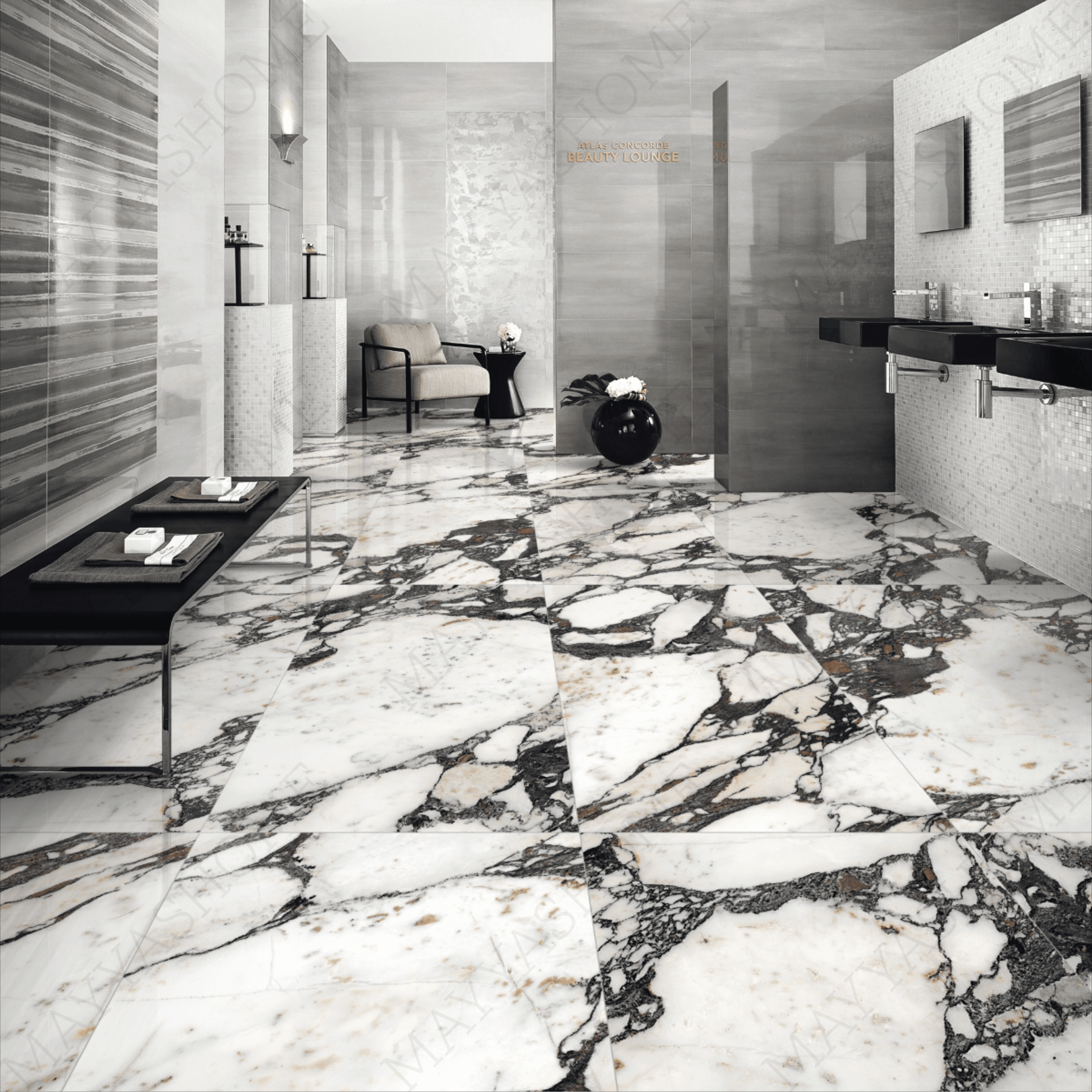  Impect Statuario 120x240cm glossy tile with bold grey veining on a white base. Perfect for luxury walls and floors with a timeless marble look.

