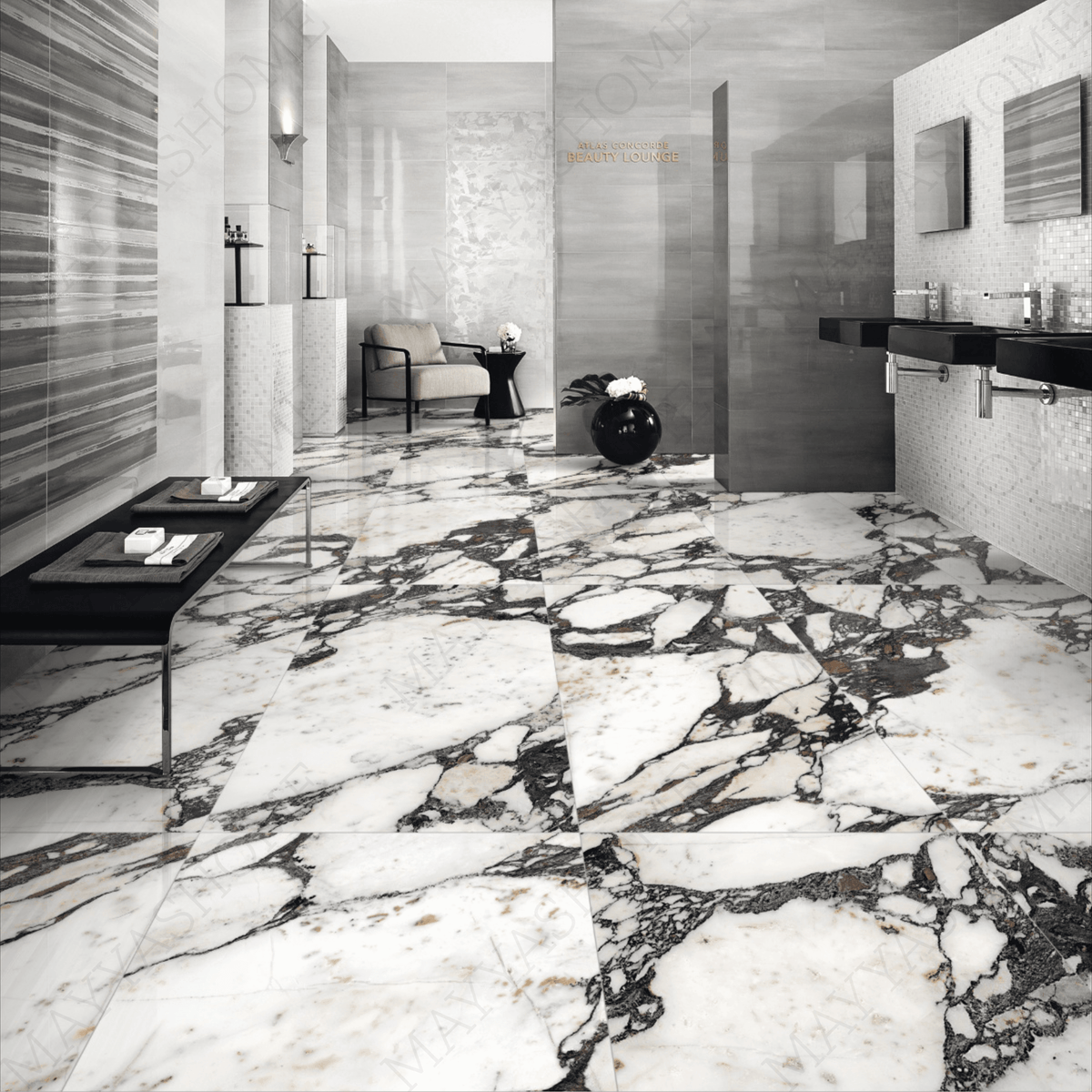  Impect Statuario 120x240cm glossy tile with bold grey veining on a white base. Perfect for luxury walls and floors with a timeless marble look.
