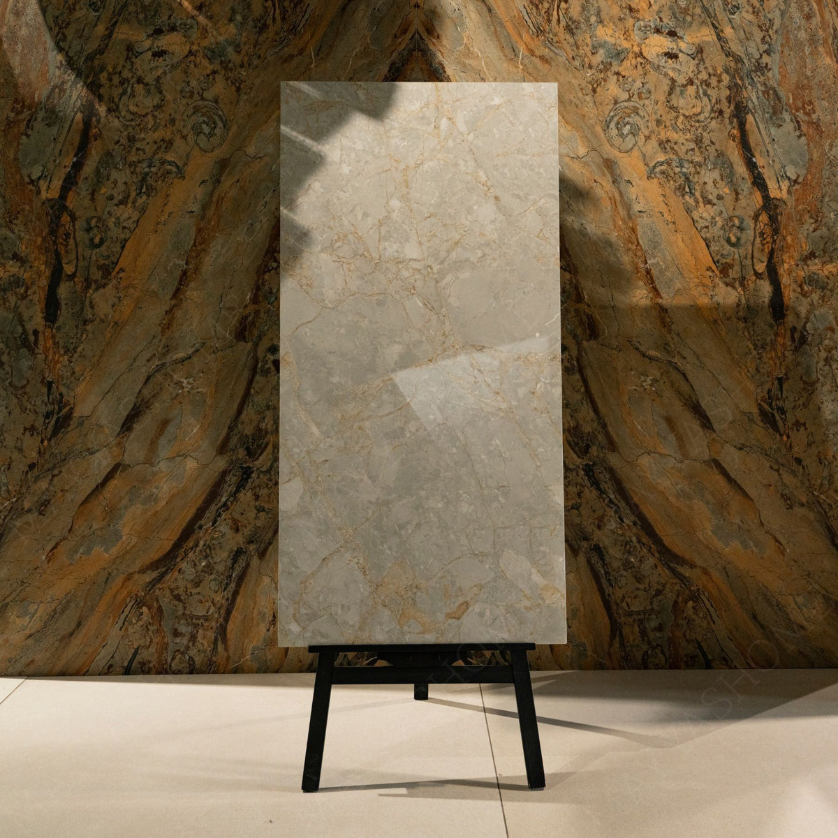 Ivory Gold glossy marble porcelain tile 60x120cm with 9mm thickness features warm ivory base, golden veining and elegant polished finish.