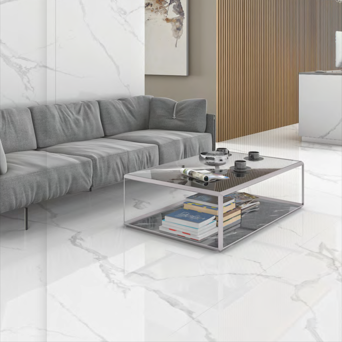  Lexus White Dark 120x240cm end-match glossy tile. Striking marble-inspired porcelain with seamless design, ideal for modern luxury interiors.