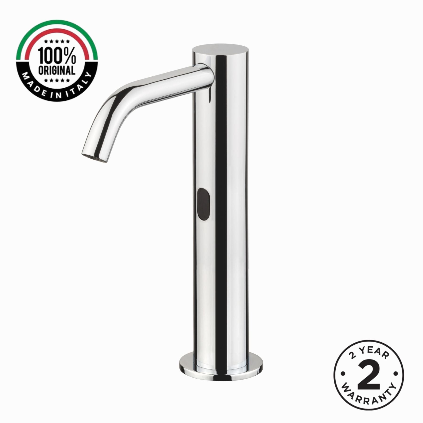 Luxury battery-powered electronic pre-mixed basin tap with extended body, modern above-counter installation and smart water-saving flow control.