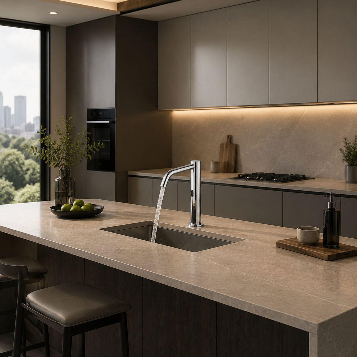 Luxury battery-powered electronic pre-mixed basin tap with extended body, modern above-counter installation and smart water-saving flow control.