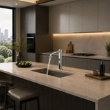 Luxury battery-powered electronic pre-mixed basin tap with extended body, modern above-counter installation and smart water-saving flow control.