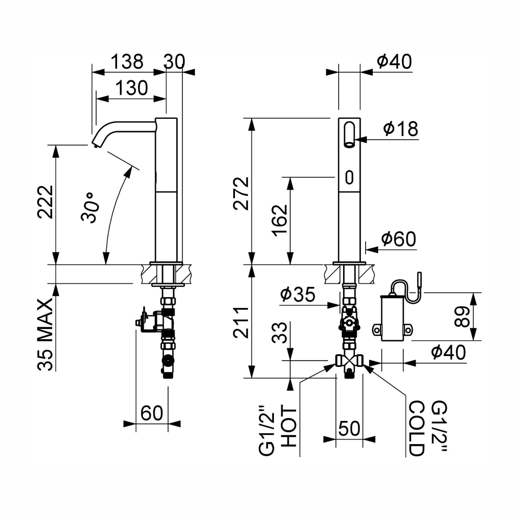 Luxury battery-powered electronic pre-mixed basin tap with extended body, modern above-counter installation and smart water-saving flow control.