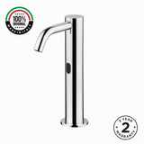 Luxury battery-powered electronic pre-mixed washbasin tap with extended body, above-counter installation and smart water-saving flow control.