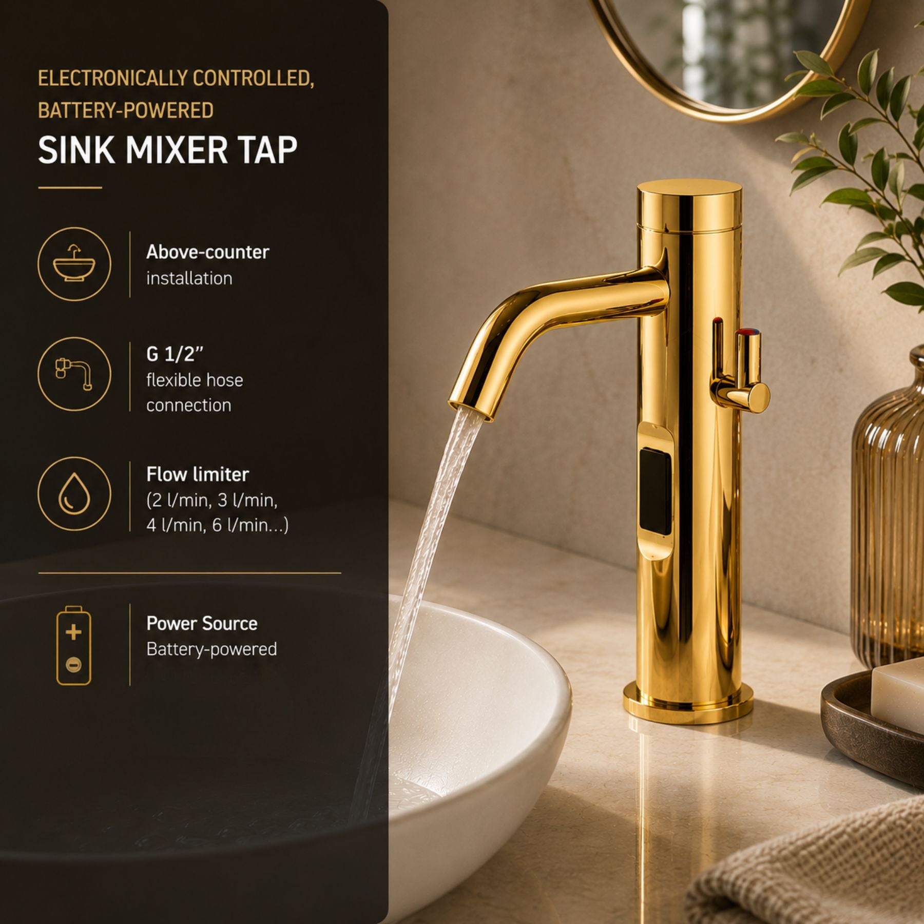 Luxury battery-powered electronic sink mixer tap with above-counter installation and smart water-saving flow control.