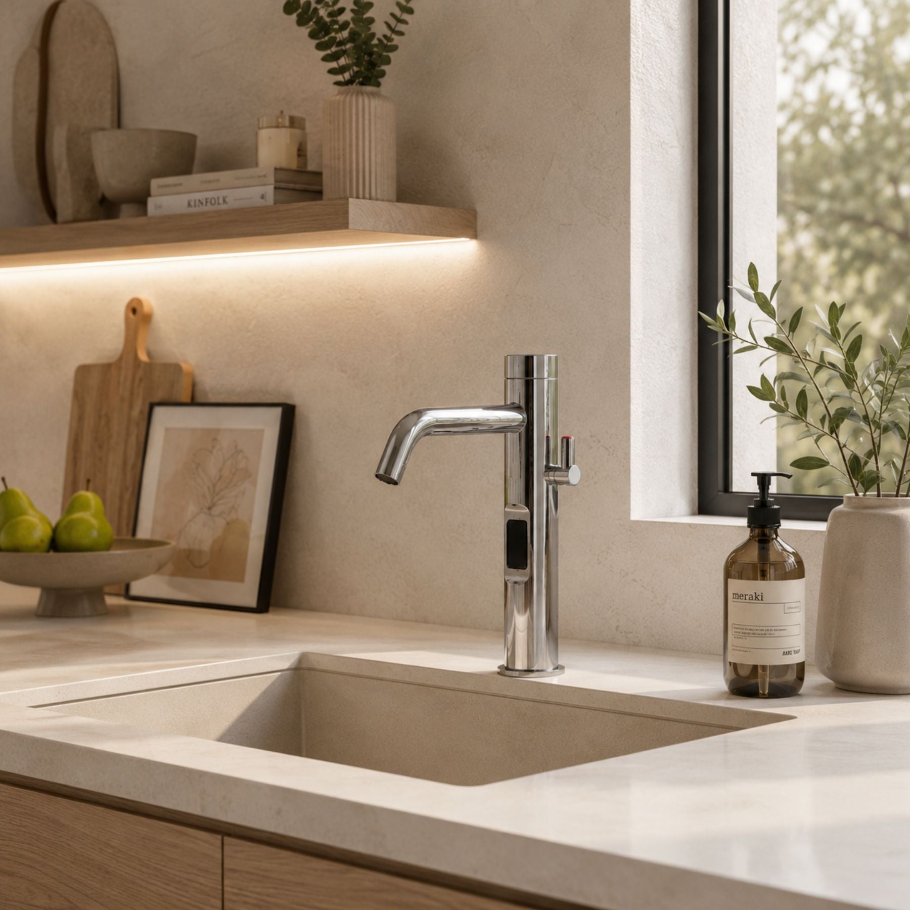 Luxury battery-powered electronic washbasin mixer tap with extended body, above-counter installation and smart water-saving flow control.