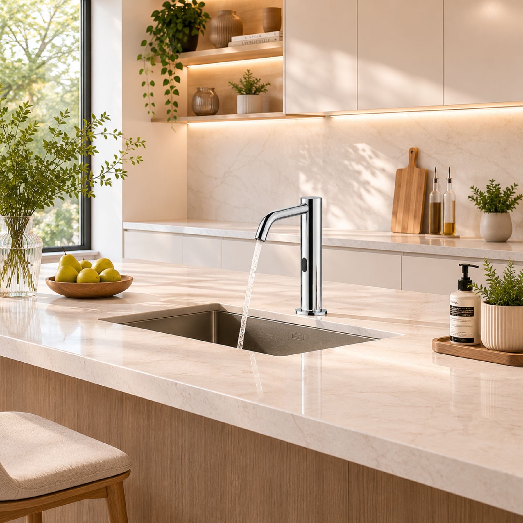 Luxury mains-powered electronic pre-mixed basin tap with extended body, modern above-counter installation and smart water-saving flow control.