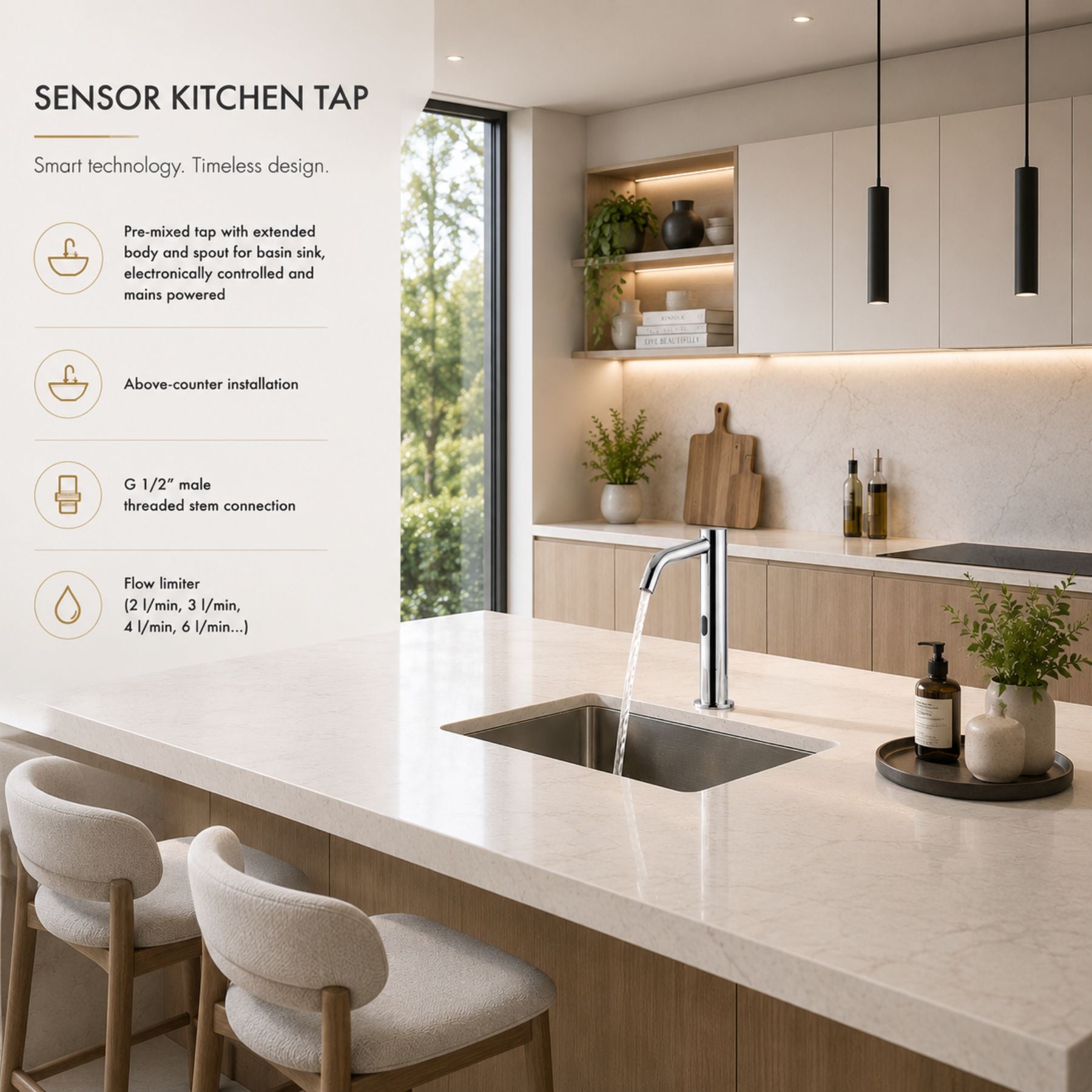 Luxury mains-powered electronic pre-mixed basin tap with extended body, modern above-counter installation and smart water-saving flow control.