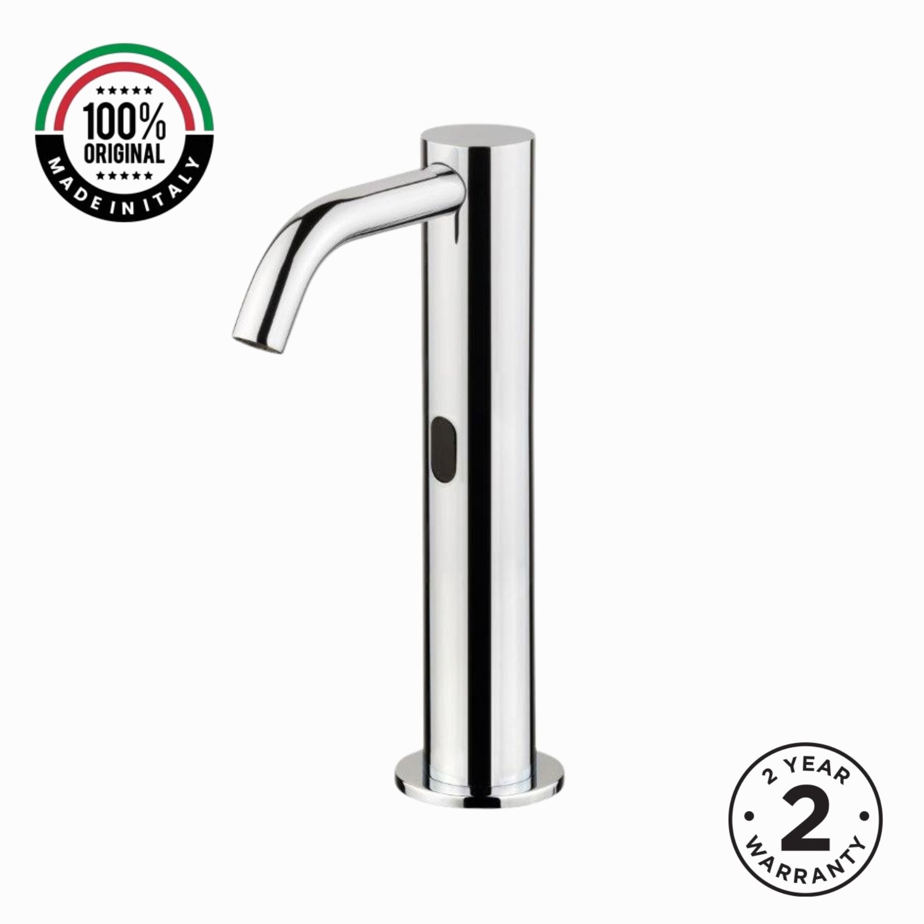 Luxury mains-powered electronic pre-mixed washbasin tap with extended body, above-counter installation and smart water-saving flow control.