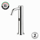 Luxury mains-powered electronic pre-mixed washbasin tap with extended body, above-counter installation and smart water-saving flow control.