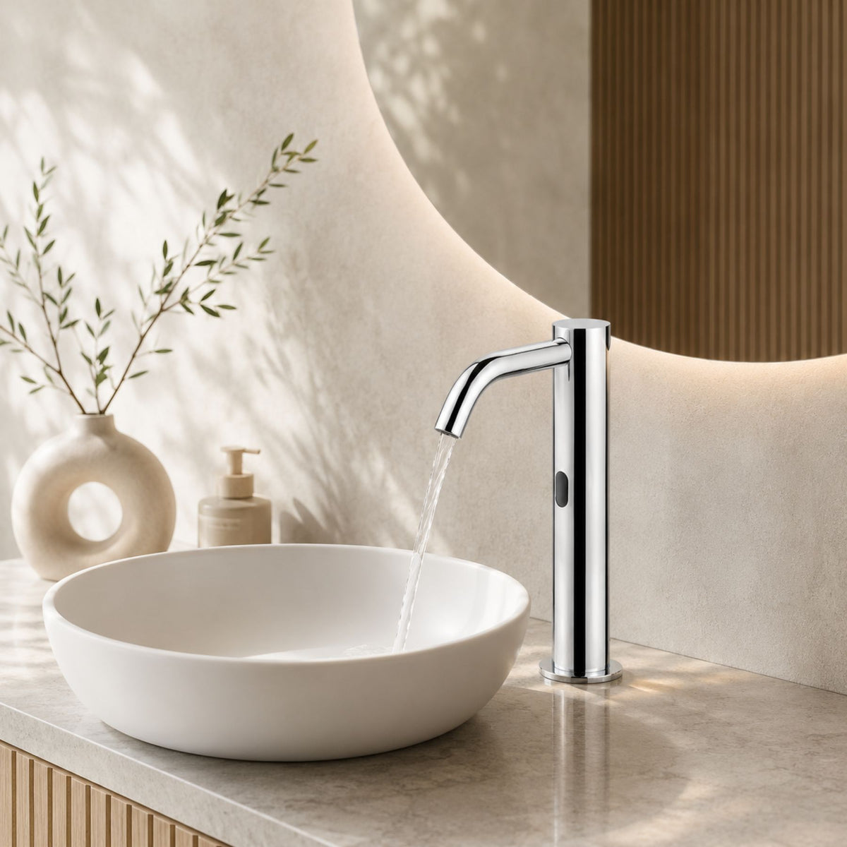 Luxury mains-powered electronic pre-mixed washbasin tap with extended body, above-counter installation and smart water-saving flow control.