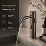 Luxury mains-powered electronic sink mixer tap with above-counter installation and smart water-saving flow control.