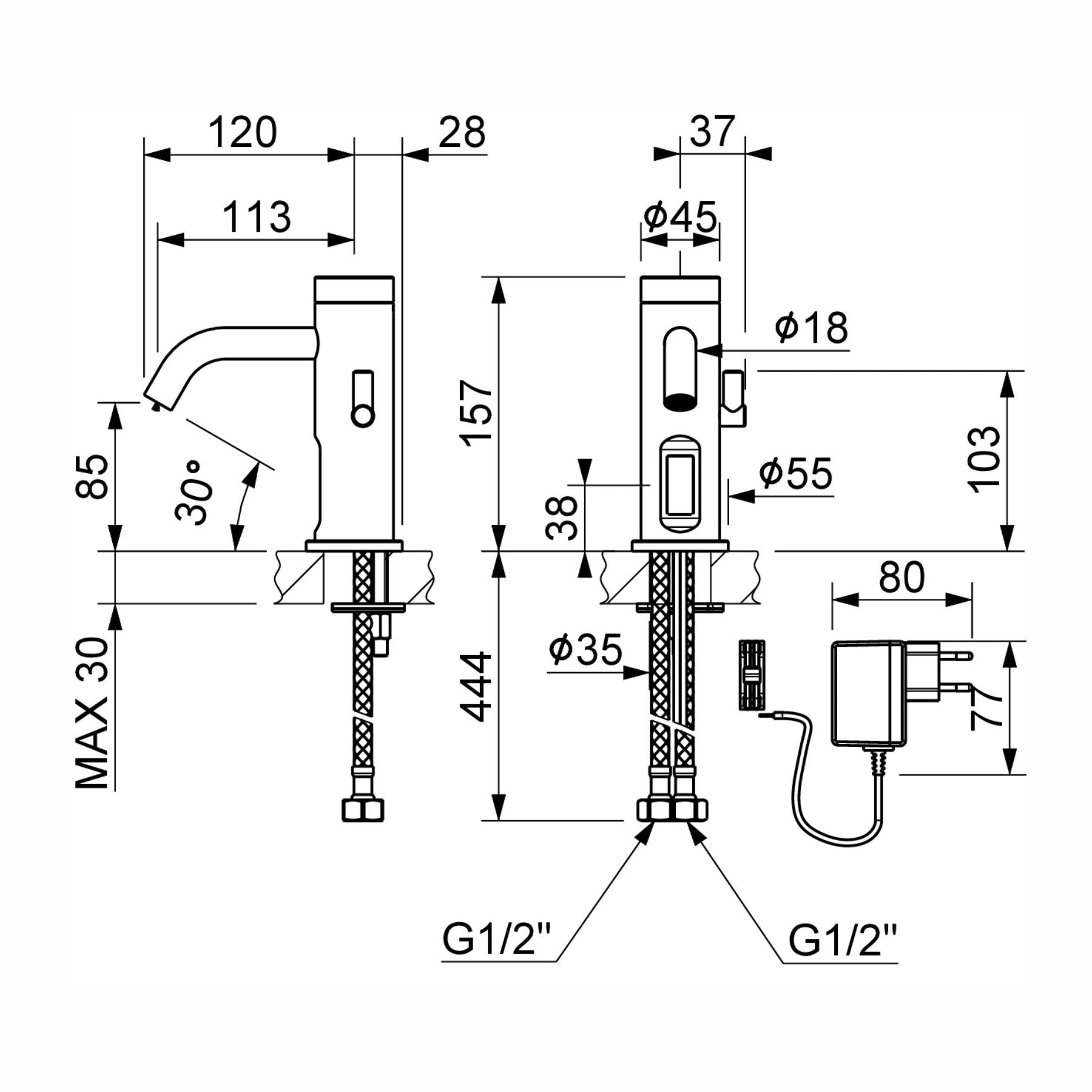 Luxury mains-powered electronic sink mixer tap with above-counter installation and smart water-saving flow control.