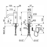Luxury mains-powered electronic sink mixer tap with above-counter installation and smart water-saving flow control.