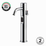 Luxury mains-powered electronic washbasin mixer tap with extended body, above-counter installation and smart water-saving flow control.