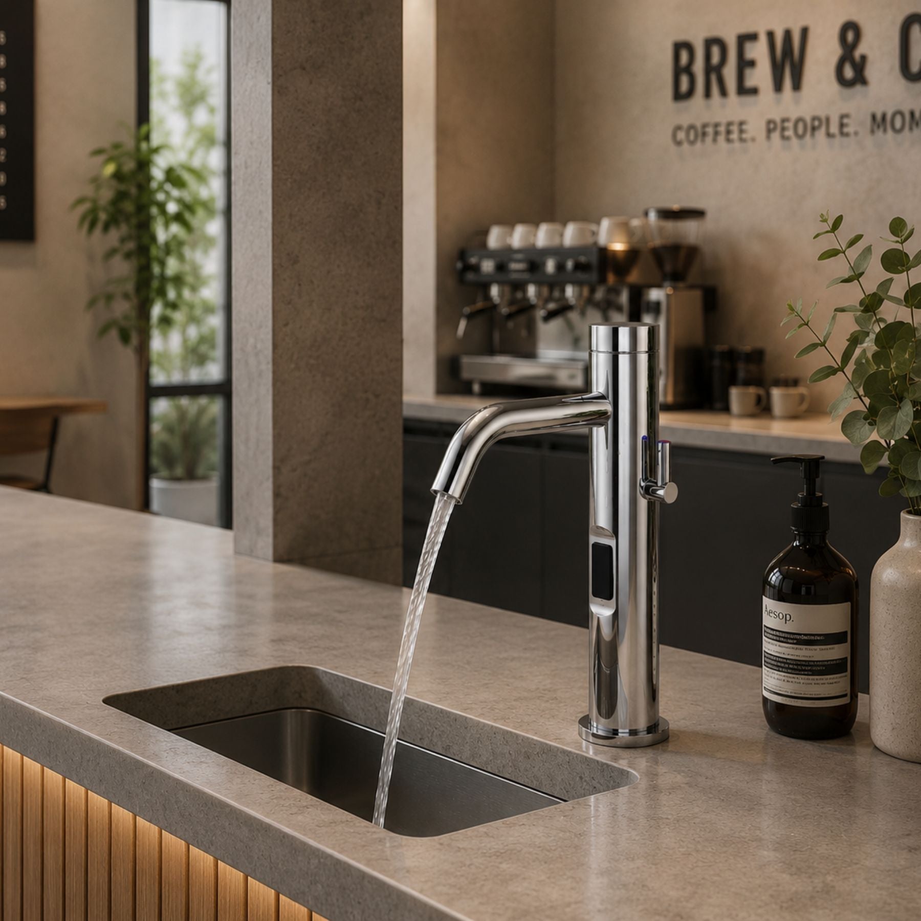 Luxury mains-powered electronic washbasin mixer tap with extended body, above-counter installation and smart water-saving flow control.