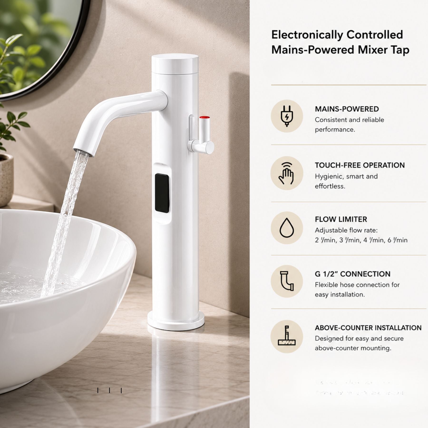 Luxury mains-powered electronic washbasin mixer tap with extended body, above-counter installation and smart water-saving flow control.