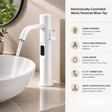 Luxury mains-powered electronic washbasin mixer tap with extended body, above-counter installation and smart water-saving flow control.