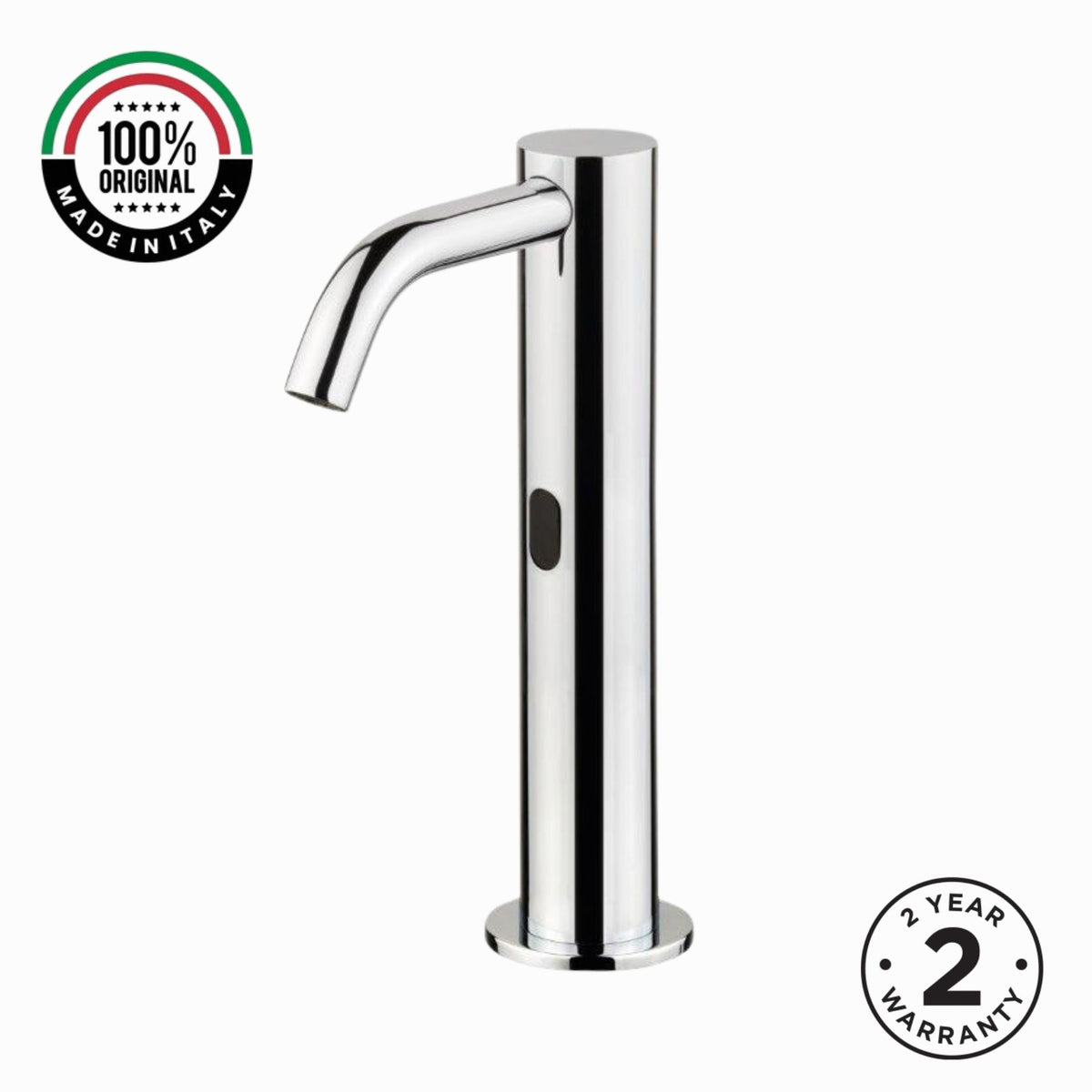 MCM 703505 electronic single-water washbasin tap made in Italy. Battery-powered operation, extended body design, premium Italian craftsmanship, water-saving flow limiter, & 2-year warranty.