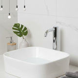 MCM 703505 electronic single-water washbasin tap made in Italy. Battery-powered operation, extended body design, premium Italian craftsmanship, water-saving flow limiter, & 2-year warranty.