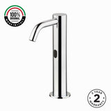 MCM 703505 electronic single-water washbasin tap made in Italy. Battery-powered operation, extended body design, premium Italian craftsmanship, water-saving flow limiter, & 2-year warranty.