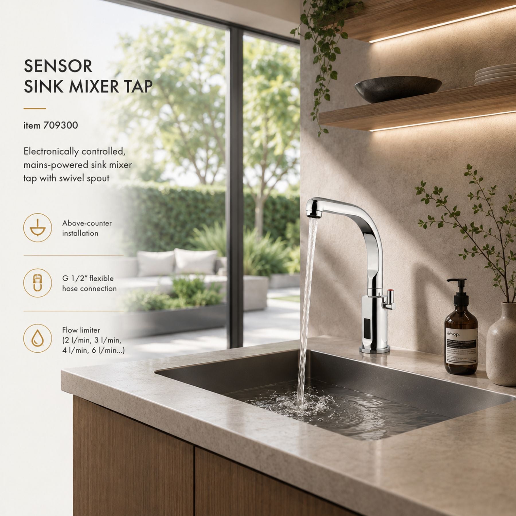 Mains-powered automatic sensor mixer tap with swivel spout and chrome finish. Water-saving touchless faucet for UAE washrooms, hotels, offices, and commercial spaces.