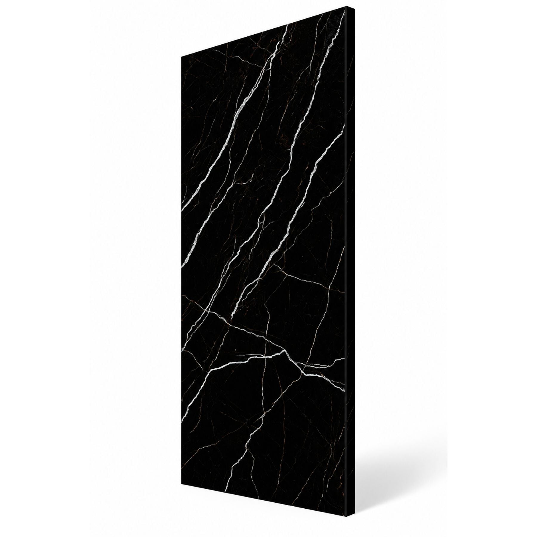 Marquina Black Royal Polish Colorbody porcelain slab 120x280cm, 9mm thick, with a bold black marble look for dramatic floors, walls and contemporary interiors.
