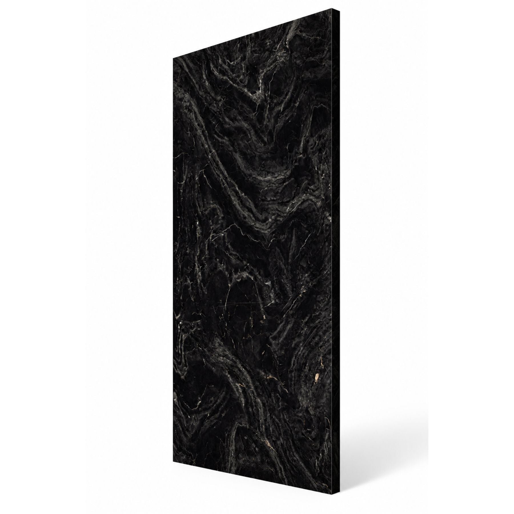 Marquina Midnight Royal Polish Colorbody porcelain slab 120x280cm, 9mm thick, with a bold black marble look for dramatic floors, walls and interiors.
